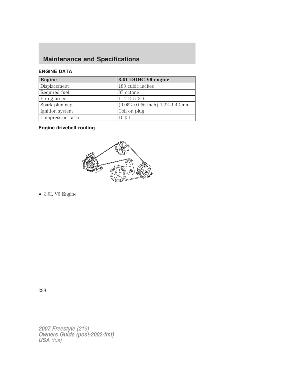 Engine data, Engine drivebelt routing, Maintenance and specifications | FORD 2007 Freestyle v.2 User Manual | Page 288 / 304