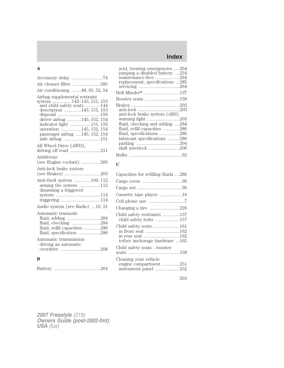Index | FORD 2007 Freestyle v.2 User Manual | Page 293 / 304