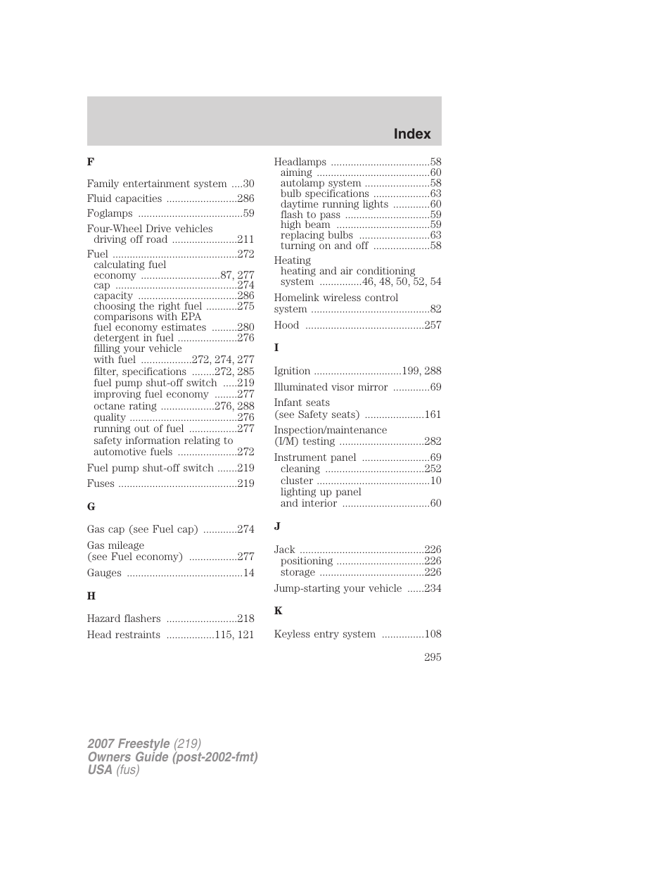 Index | FORD 2007 Freestyle v.2 User Manual | Page 295 / 304