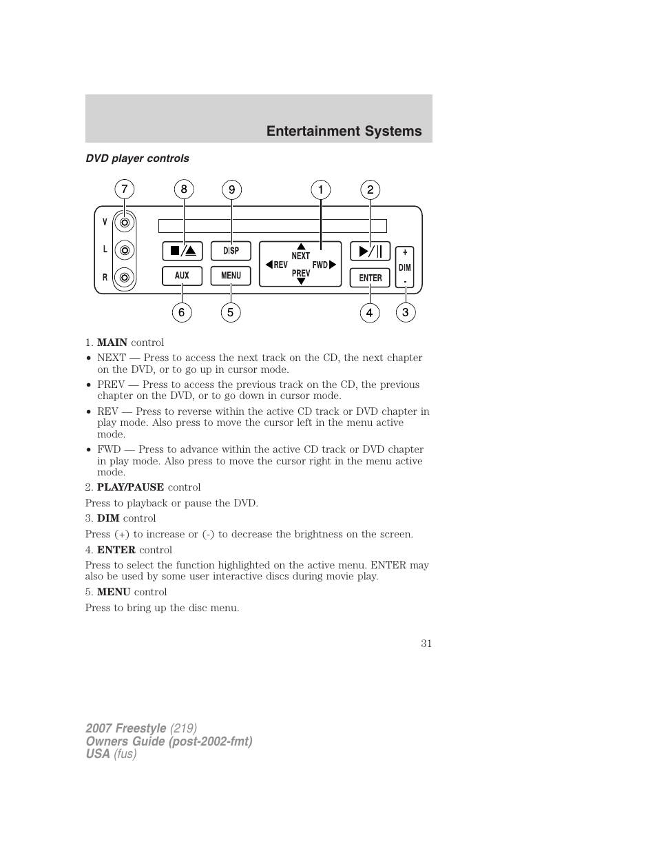 Dvd player controls, Entertainment systems | FORD 2007 Freestyle v.2 User Manual | Page 31 / 304
