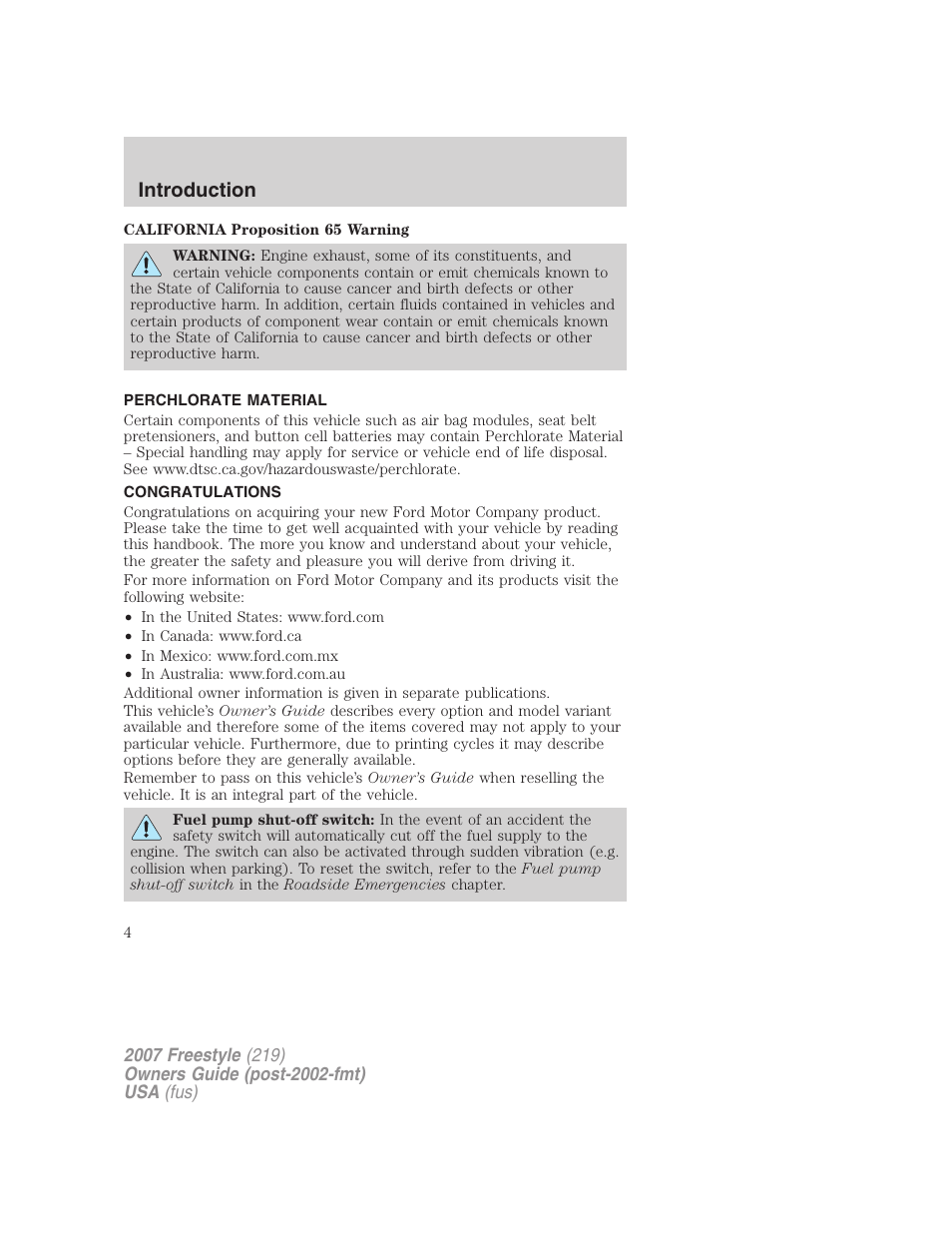 Introduction, Perchlorate material, Congratulations | FORD 2007 Freestyle v.2 User Manual | Page 4 / 304