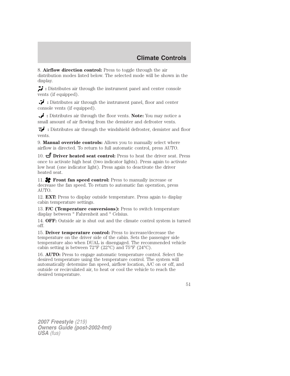 Climate controls | FORD 2007 Freestyle v.2 User Manual | Page 51 / 304