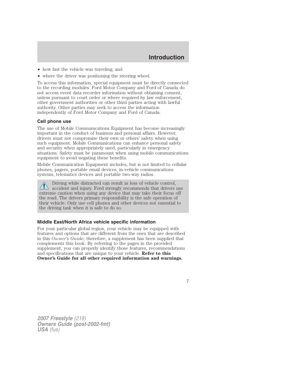 Cell phone use, Introduction | FORD 2007 Freestyle v.2 User Manual | Page 7 / 304