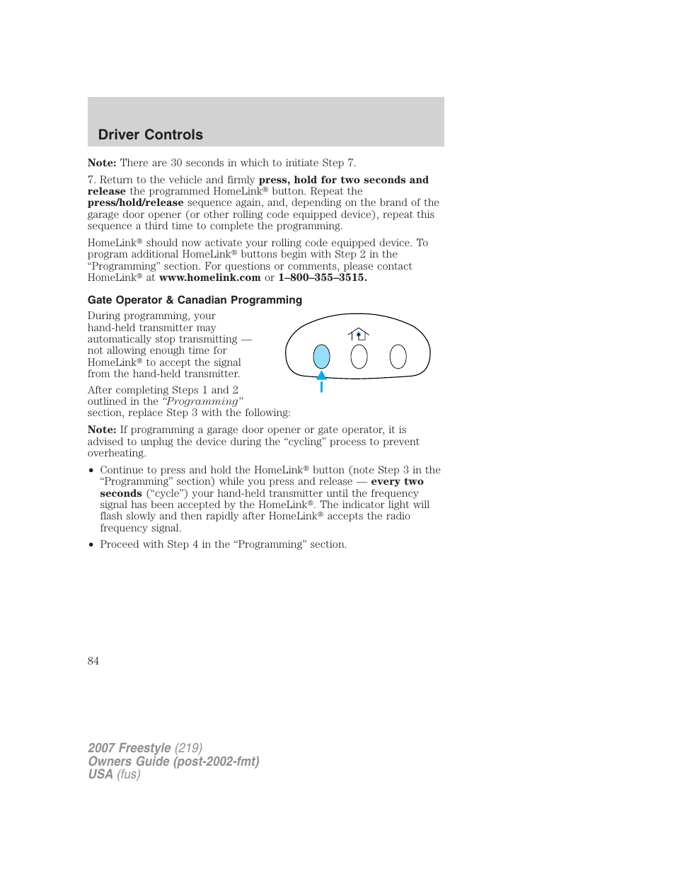 Gate operator & canadian programming, Driver controls | FORD 2007 Freestyle v.2 User Manual | Page 84 / 304