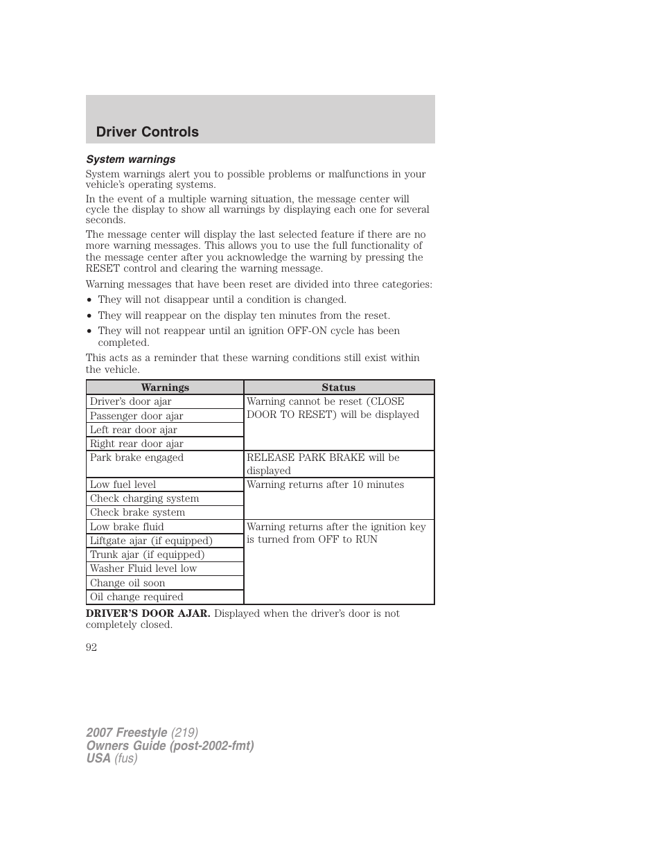 System warnings, Driver controls | FORD 2007 Freestyle v.2 User Manual | Page 92 / 304