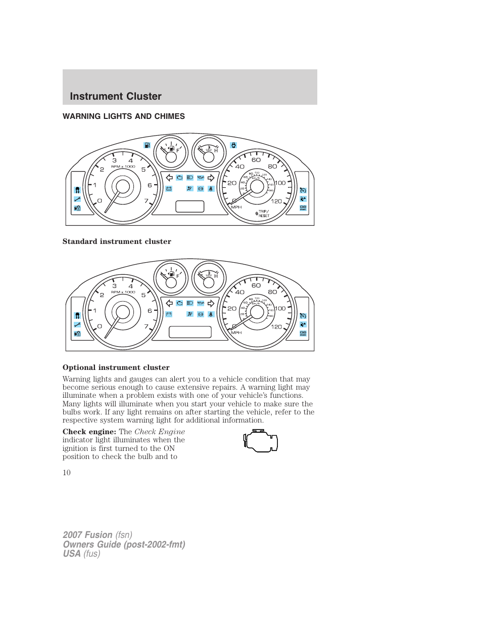 Instrument cluster, Warning lights and chimes | FORD 2007 Fusion v.1 User Manual | Page 10 / 280