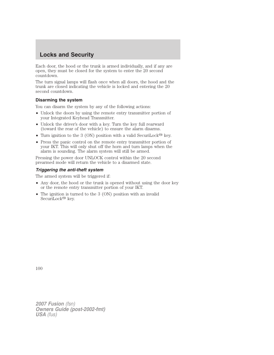 Disarming the system, Triggering the anti-theft system, Locks and security | FORD 2007 Fusion v.1 User Manual | Page 100 / 280