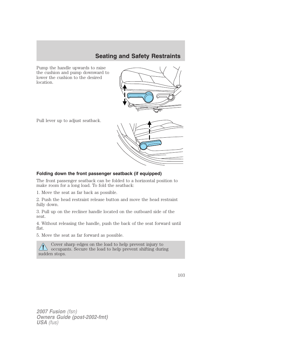 Seating and safety restraints | FORD 2007 Fusion v.1 User Manual | Page 103 / 280