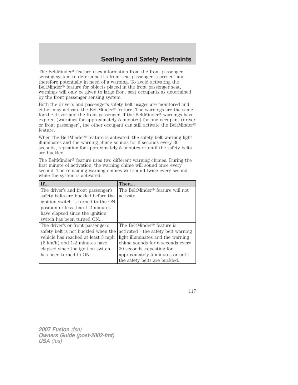 Seating and safety restraints | FORD 2007 Fusion v.1 User Manual | Page 117 / 280