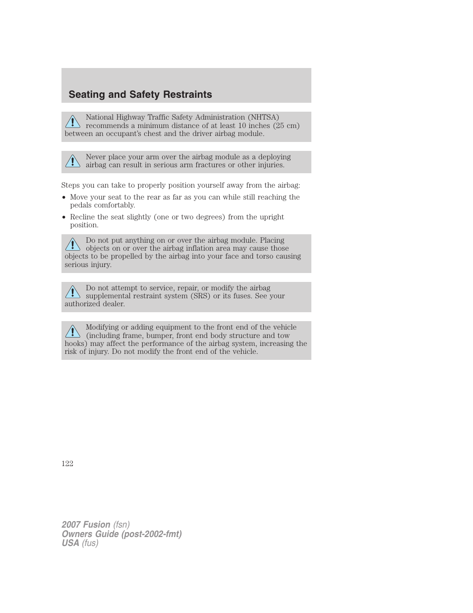 Seating and safety restraints | FORD 2007 Fusion v.1 User Manual | Page 122 / 280