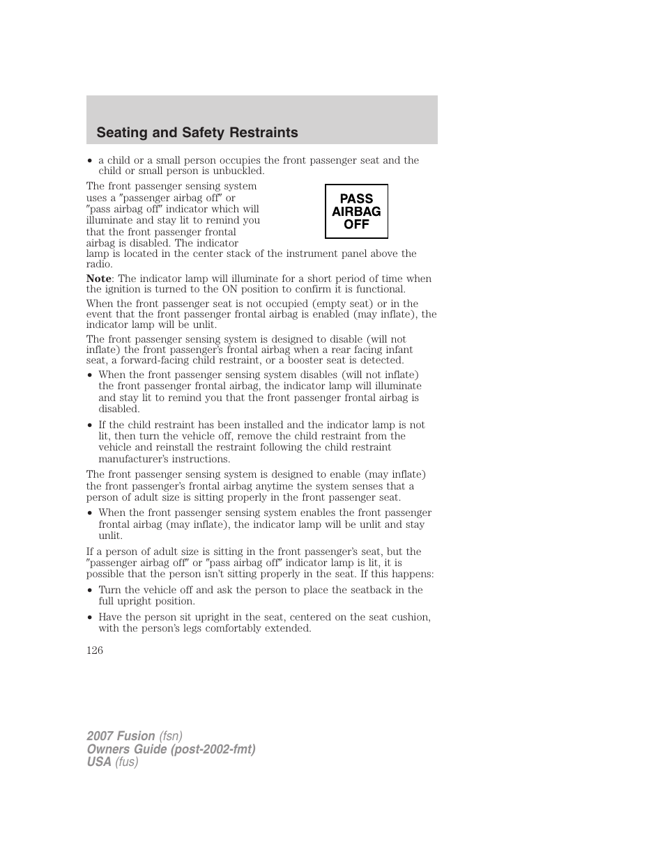 Seating and safety restraints | FORD 2007 Fusion v.1 User Manual | Page 126 / 280
