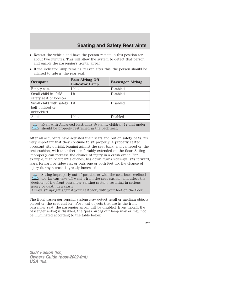 Seating and safety restraints | FORD 2007 Fusion v.1 User Manual | Page 127 / 280