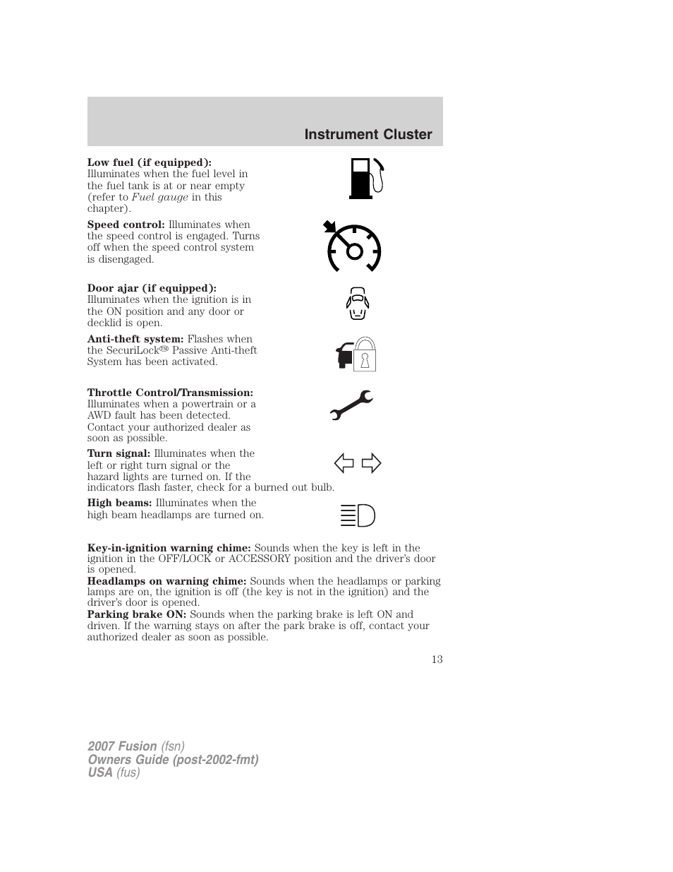 Instrument cluster | FORD 2007 Fusion v.1 User Manual | Page 13 / 280