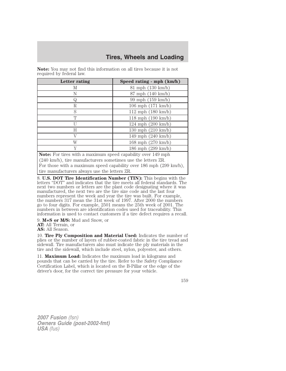 Tires, wheels and loading | FORD 2007 Fusion v.1 User Manual | Page 159 / 280