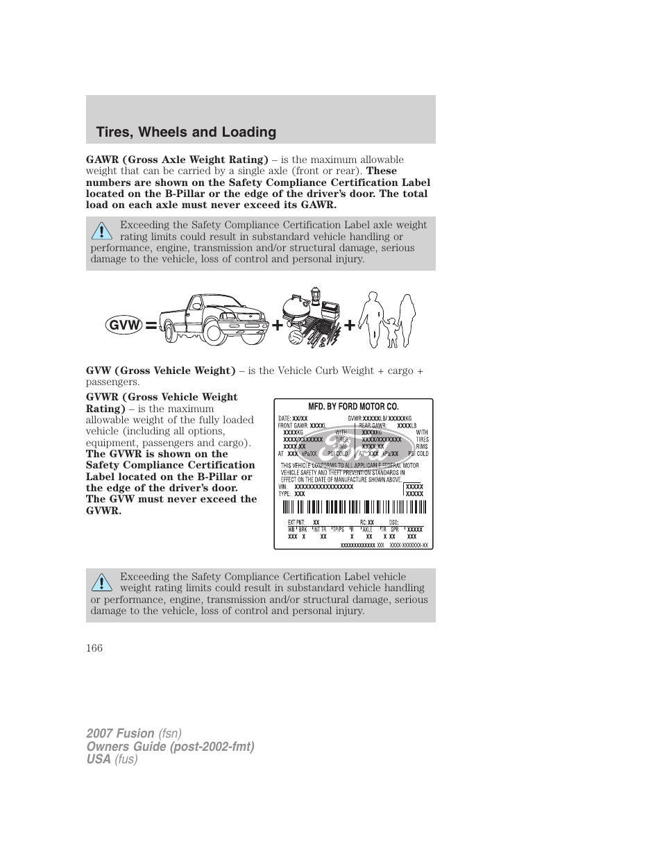 Tires, wheels and loading | FORD 2007 Fusion v.1 User Manual | Page 166 / 280