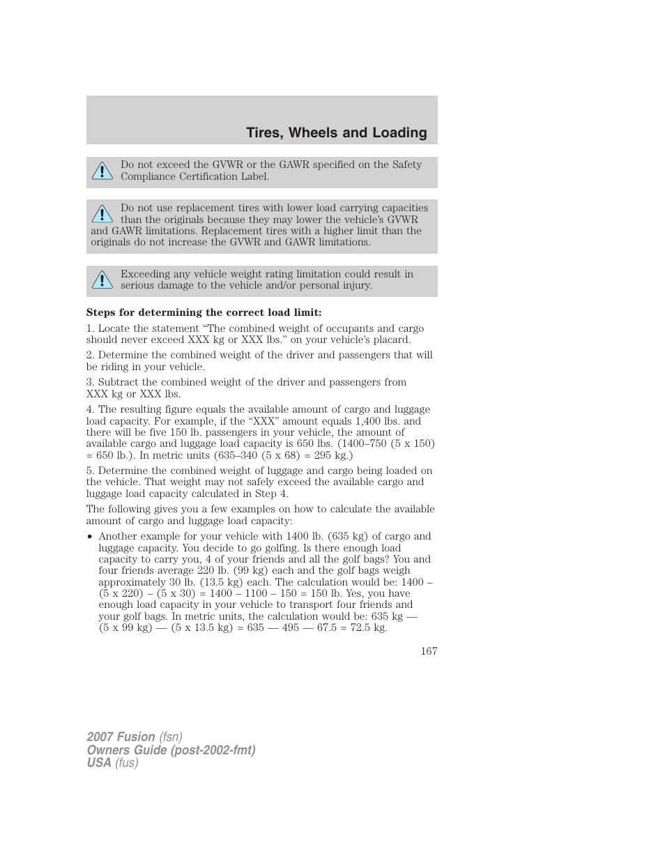 Tires, wheels and loading | FORD 2007 Fusion v.1 User Manual | Page 167 / 280