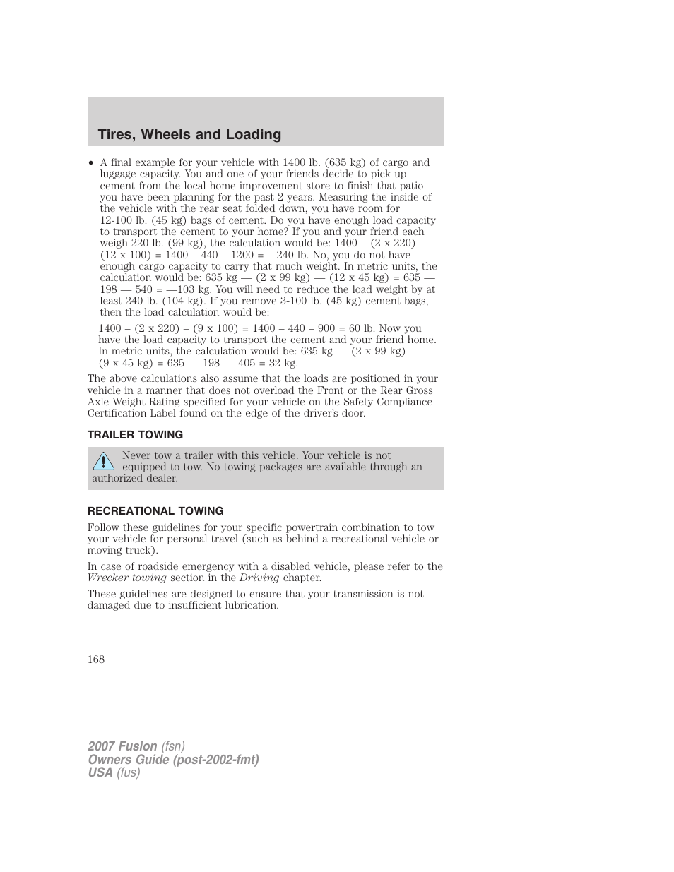 Trailer towing, Recreational towing, Tires, wheels and loading | FORD 2007 Fusion v.1 User Manual | Page 168 / 280
