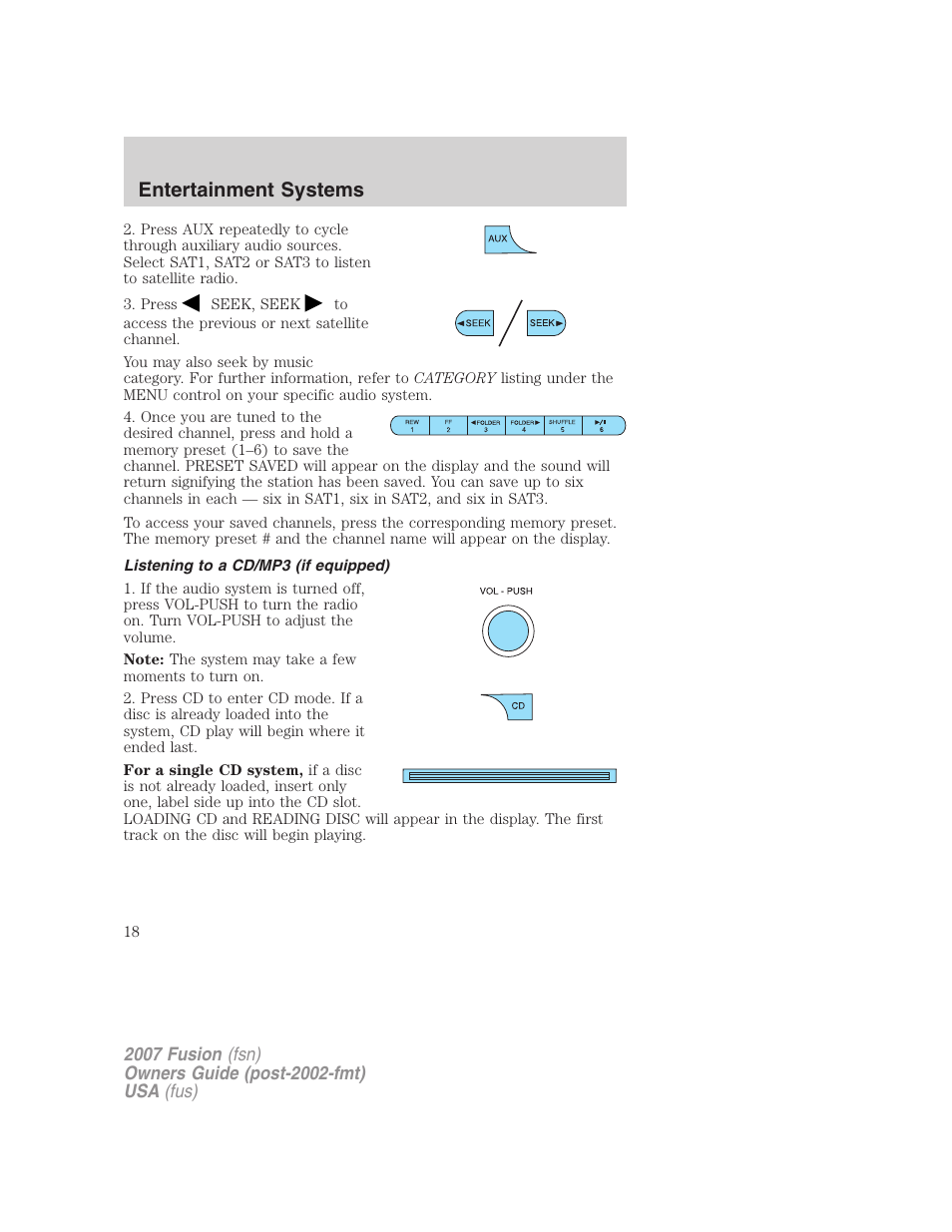 Listening to a cd/mp3 (if equipped), Entertainment systems | FORD 2007 Fusion v.1 User Manual | Page 18 / 280