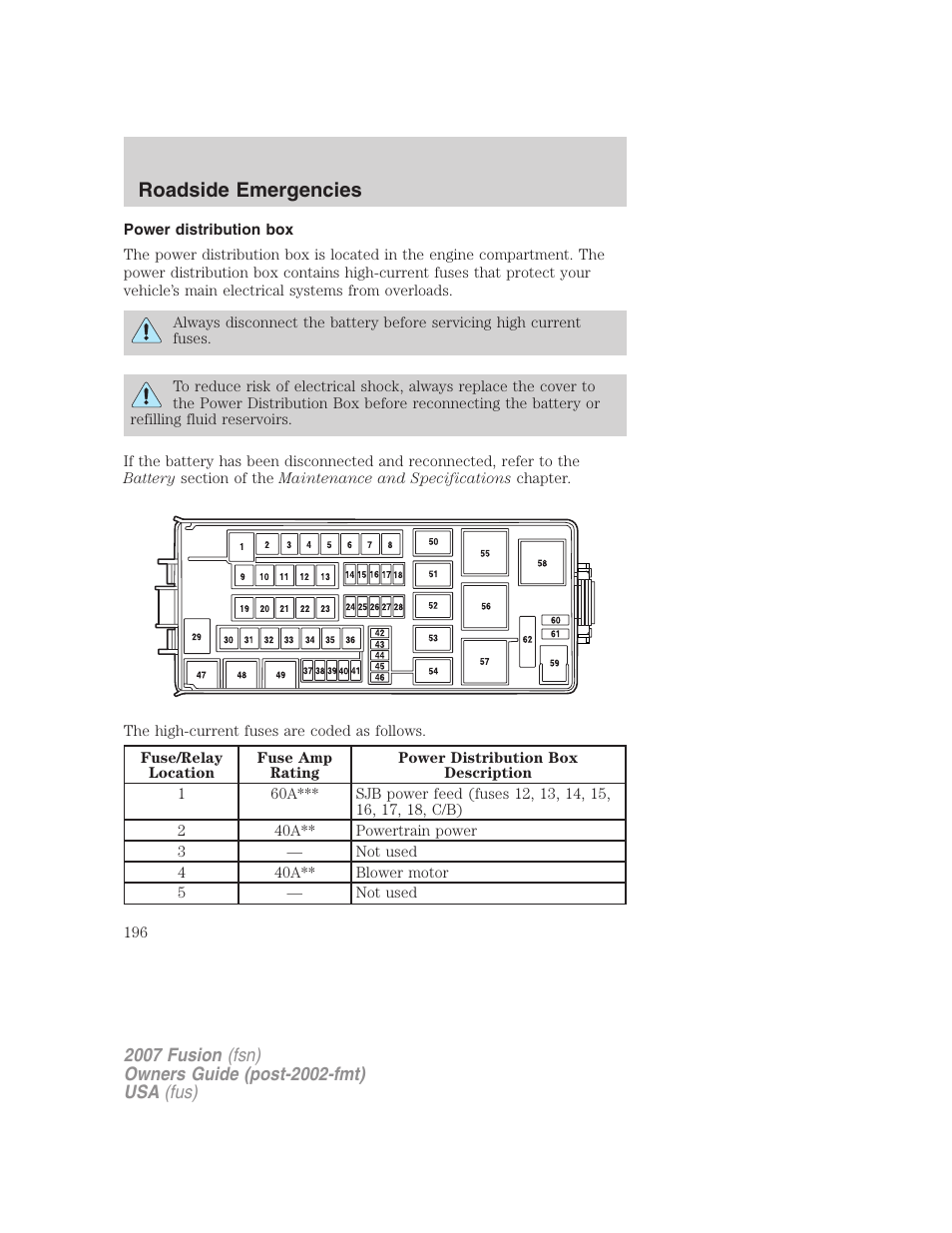 Power distribution box, Roadside emergencies | FORD 2007 Fusion v.1 User Manual | Page 196 / 280