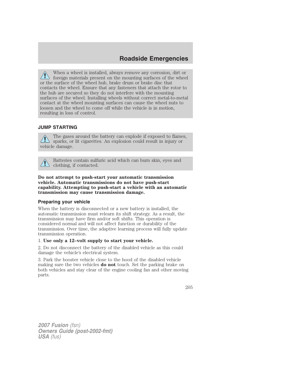 Jump starting, Preparing your vehicle, Roadside emergencies | FORD 2007 Fusion v.1 User Manual | Page 205 / 280
