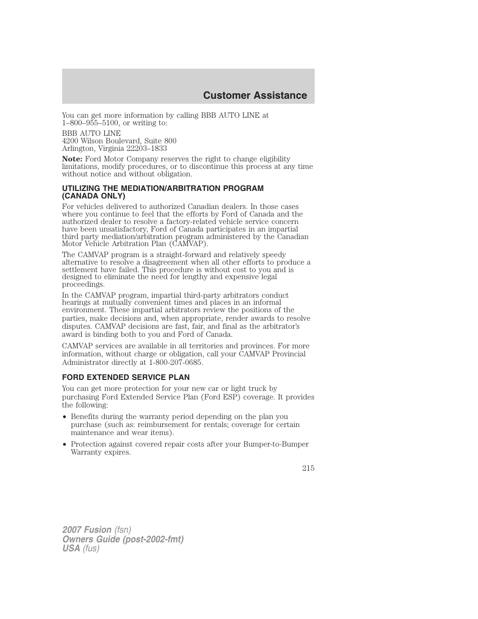 Ford extended service plan, Customer assistance | FORD 2007 Fusion v.1 User Manual | Page 215 / 280