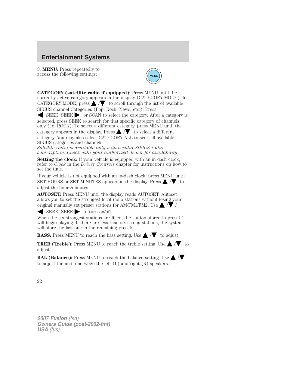 Entertainment systems | FORD 2007 Fusion v.1 User Manual | Page 22 / 280
