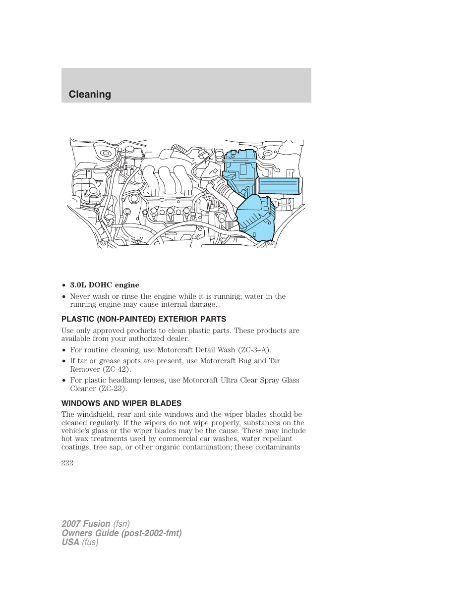 Plastic (non-painted) exterior parts, Windows and wiper blades, Cleaning | FORD 2007 Fusion v.1 User Manual | Page 222 / 280