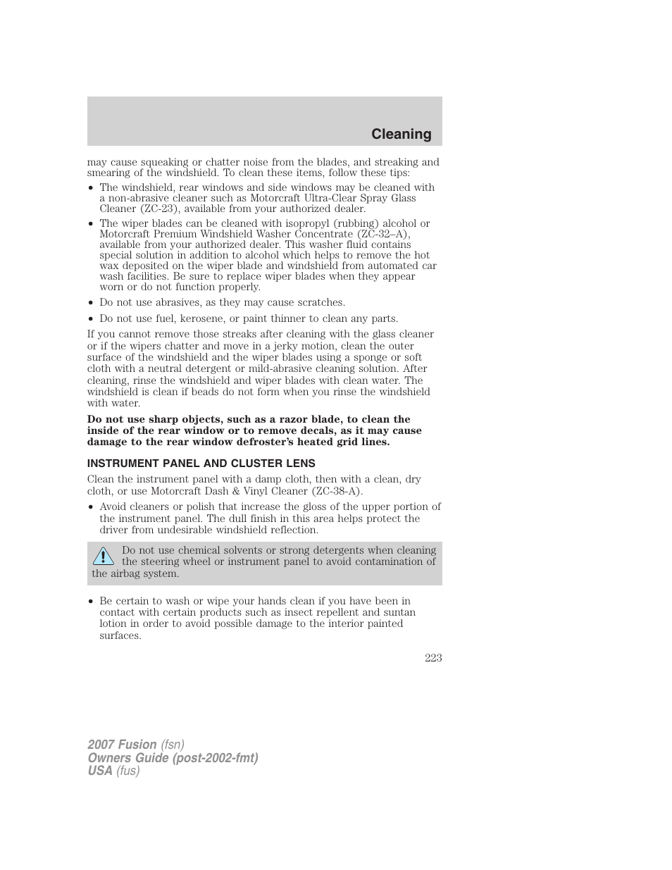 Instrument panel and cluster lens, Cleaning | FORD 2007 Fusion v.1 User Manual | Page 223 / 280