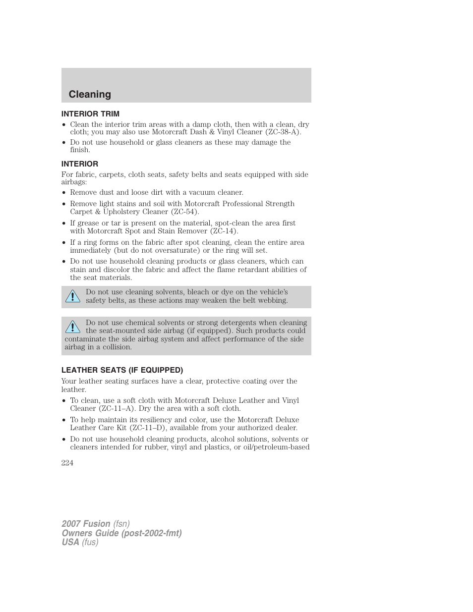 Interior trim, Interior, Leather seats (if equipped) | Cleaning | FORD 2007 Fusion v.1 User Manual | Page 224 / 280