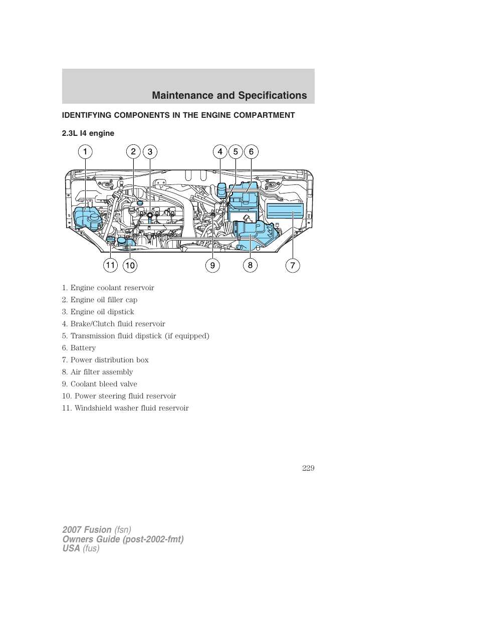 Identifying components in the engine compartment, 3l i4 engine, Engine compartment | Maintenance and specifications | FORD 2007 Fusion v.1 User Manual | Page 229 / 280