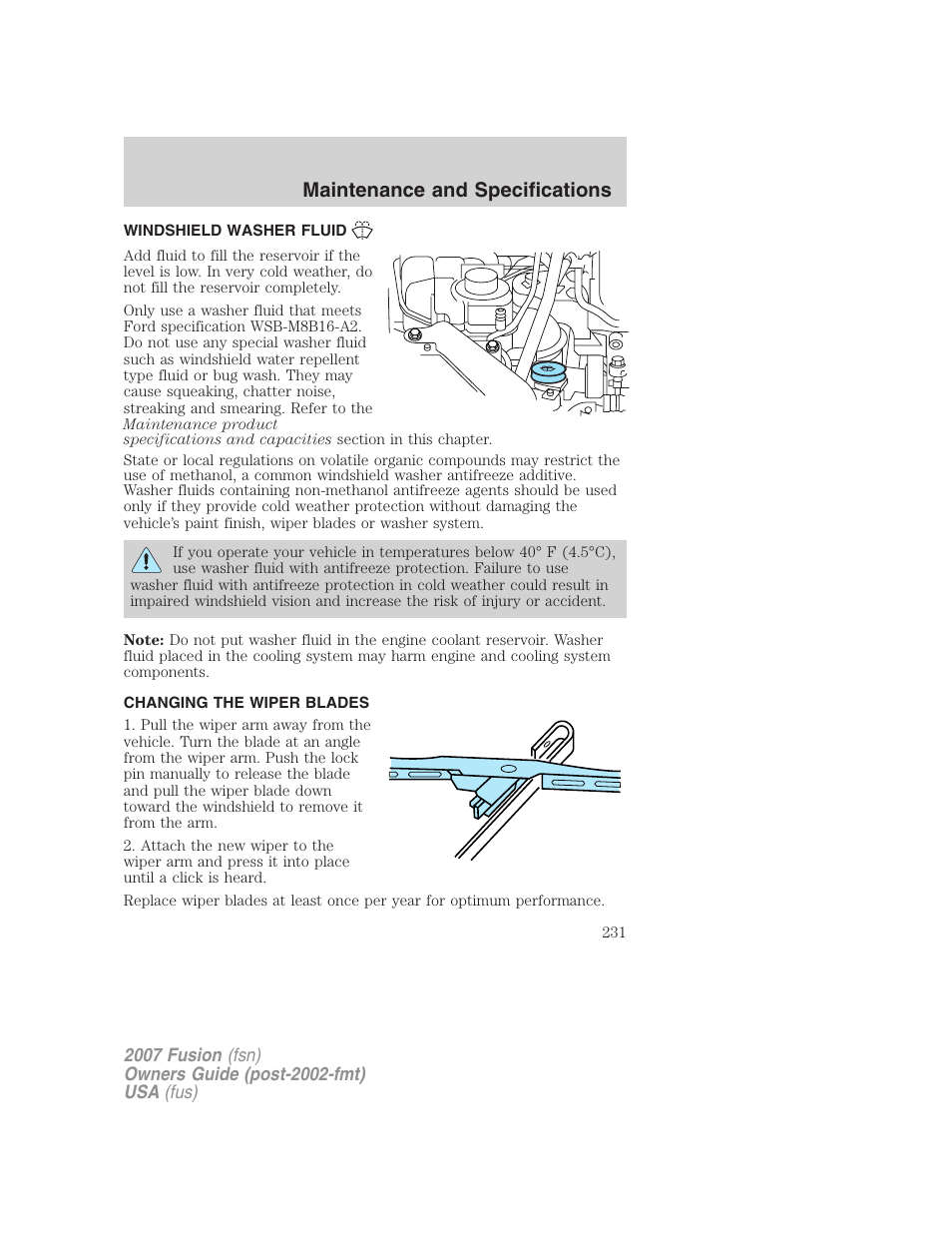 Windshield washer fluid, Changing the wiper blades, Maintenance and specifications | FORD 2007 Fusion v.1 User Manual | Page 231 / 280