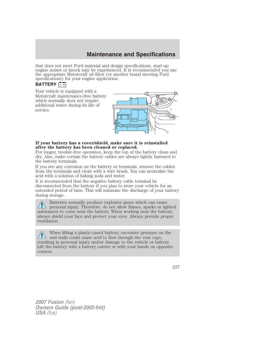 Battery, Maintenance and specifications | FORD 2007 Fusion v.1 User Manual | Page 237 / 280