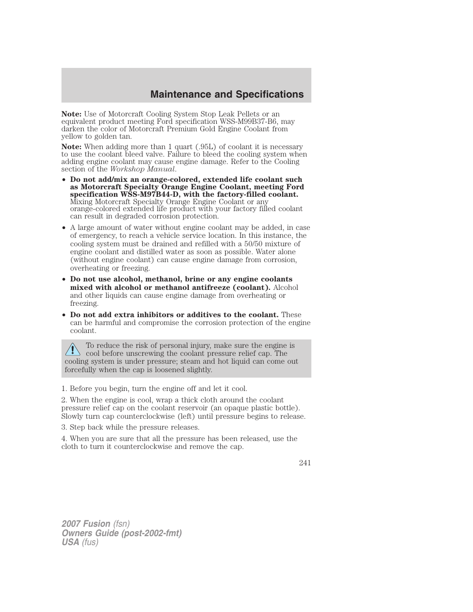 Maintenance and specifications | FORD 2007 Fusion v.1 User Manual | Page 241 / 280