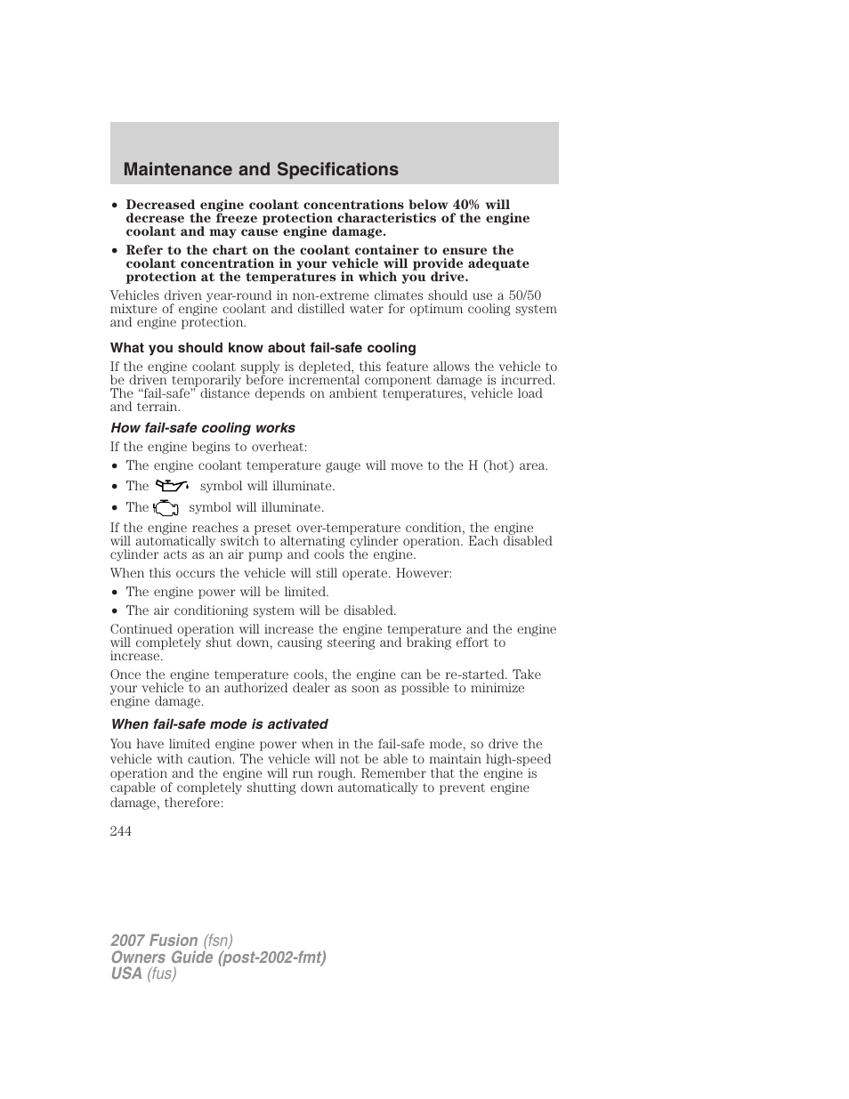 What you should know about fail-safe cooling, How fail-safe cooling works, When fail-safe mode is activated | Maintenance and specifications | FORD 2007 Fusion v.1 User Manual | Page 244 / 280