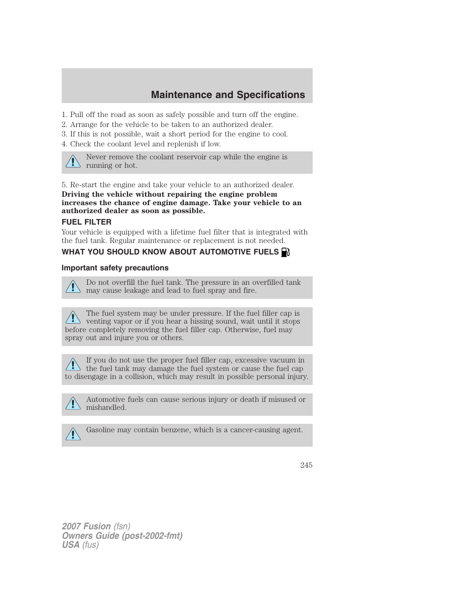 Fuel filter, What you should know about automotive fuels, Important safety precautions | Fuel information, Maintenance and specifications | FORD 2007 Fusion v.1 User Manual | Page 245 / 280