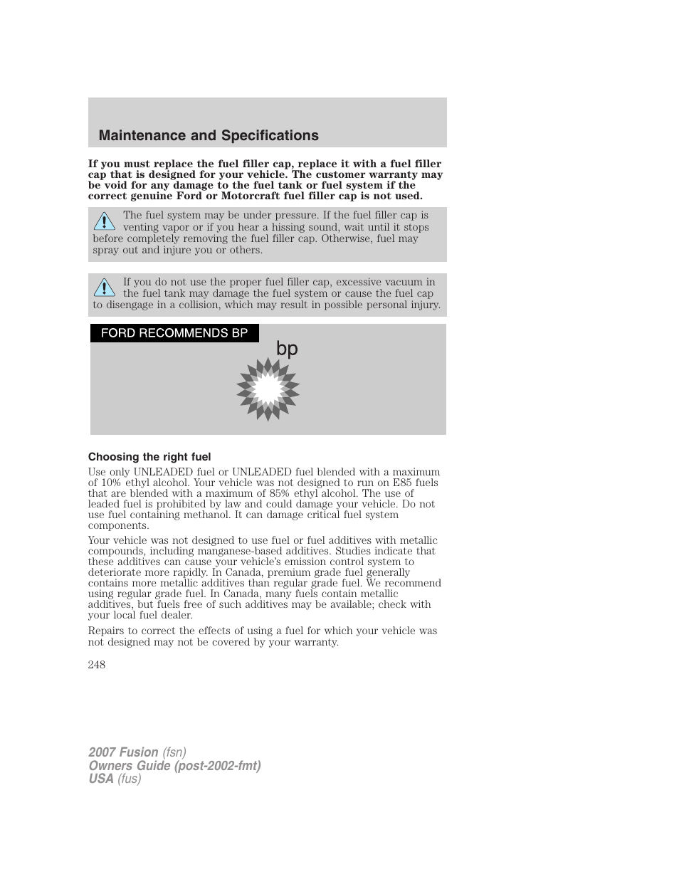 Choosing the right fuel, Maintenance and specifications | FORD 2007 Fusion v.1 User Manual | Page 248 / 280