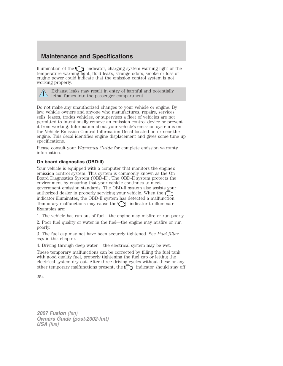 On board diagnostics (obd-ii), Maintenance and specifications | FORD 2007 Fusion v.1 User Manual | Page 254 / 280