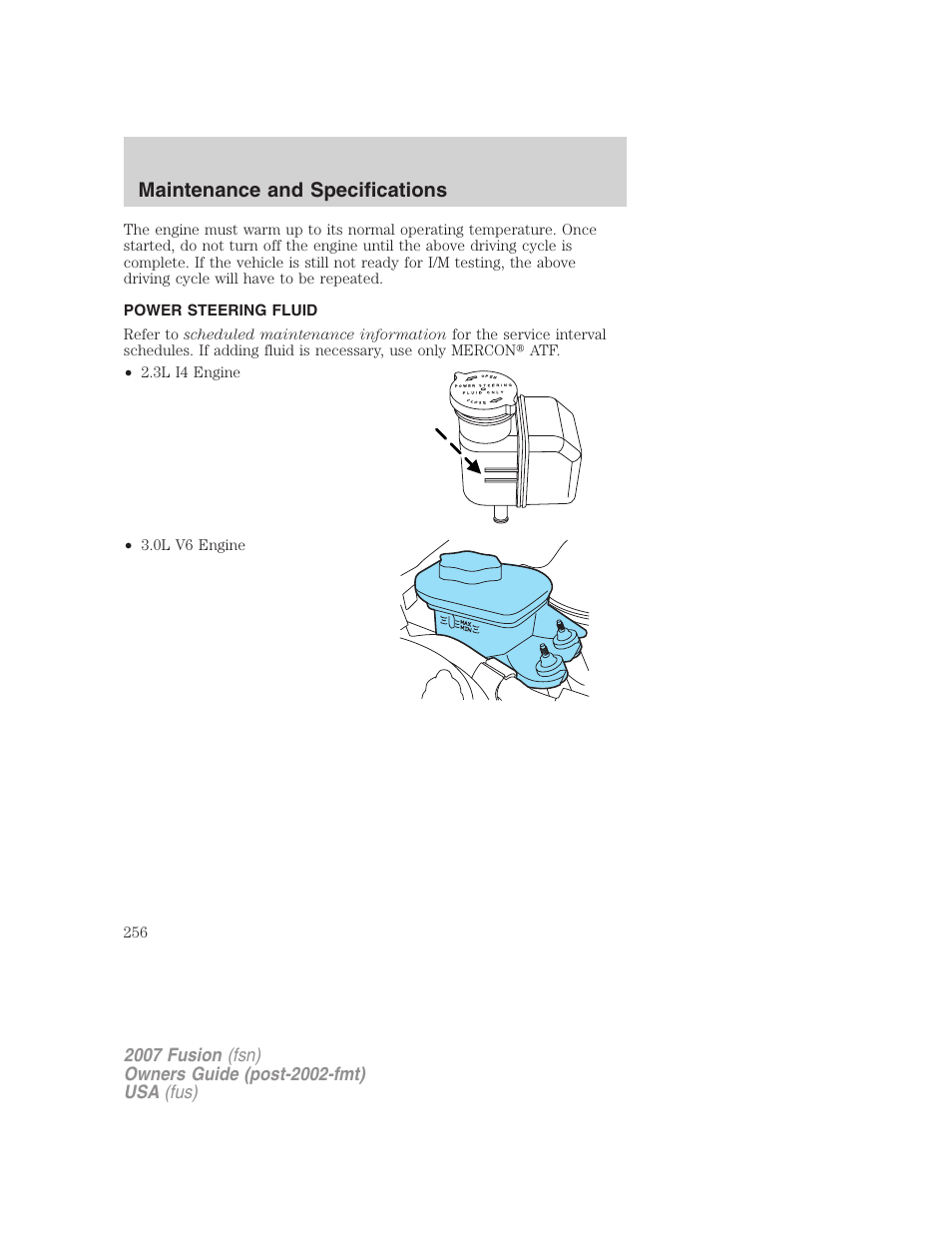 Power steering fluid, Maintenance and specifications | FORD 2007 Fusion v.1 User Manual | Page 256 / 280