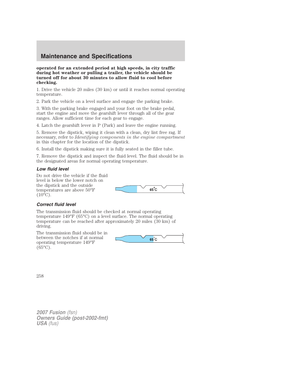 Low fluid level, Correct fluid level, Maintenance and specifications | FORD 2007 Fusion v.1 User Manual | Page 258 / 280