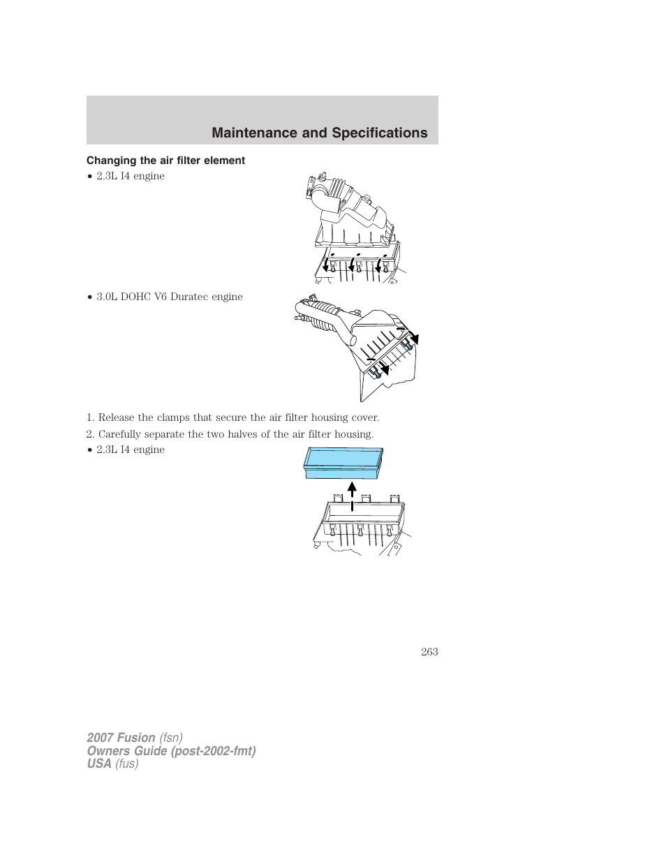 Changing the air filter element, Maintenance and specifications | FORD 2007 Fusion v.1 User Manual | Page 263 / 280