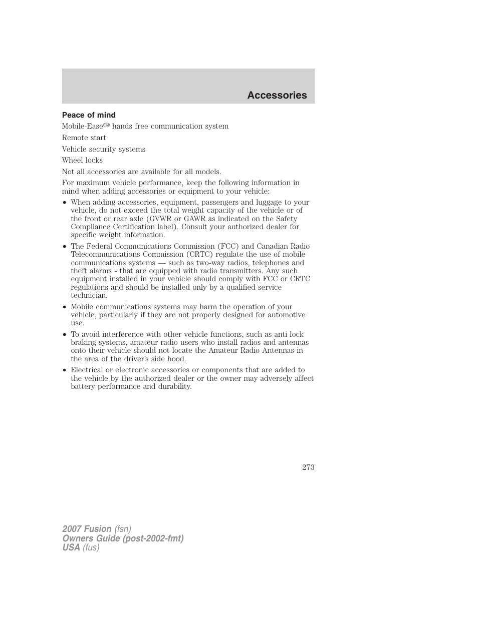 Peace of mind, Accessories | FORD 2007 Fusion v.1 User Manual | Page 273 / 280