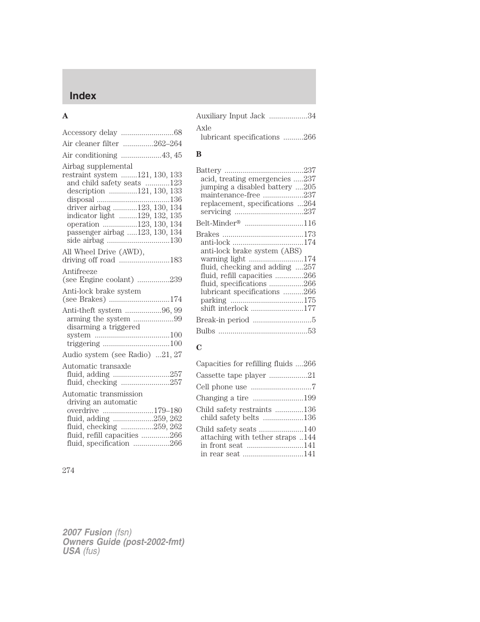 Index | FORD 2007 Fusion v.1 User Manual | Page 274 / 280