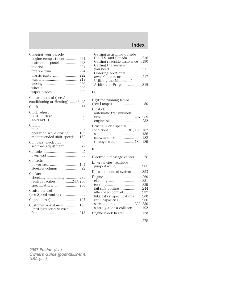 Index | FORD 2007 Fusion v.1 User Manual | Page 275 / 280