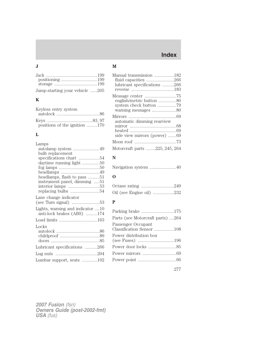Index | FORD 2007 Fusion v.1 User Manual | Page 277 / 280