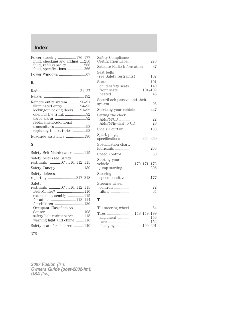 Index | FORD 2007 Fusion v.1 User Manual | Page 278 / 280