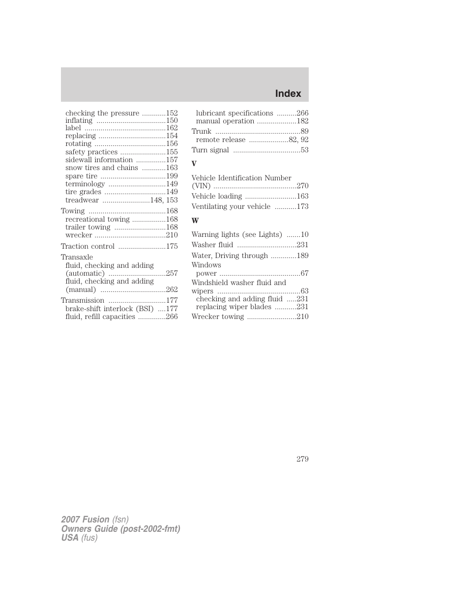 Index | FORD 2007 Fusion v.1 User Manual | Page 279 / 280