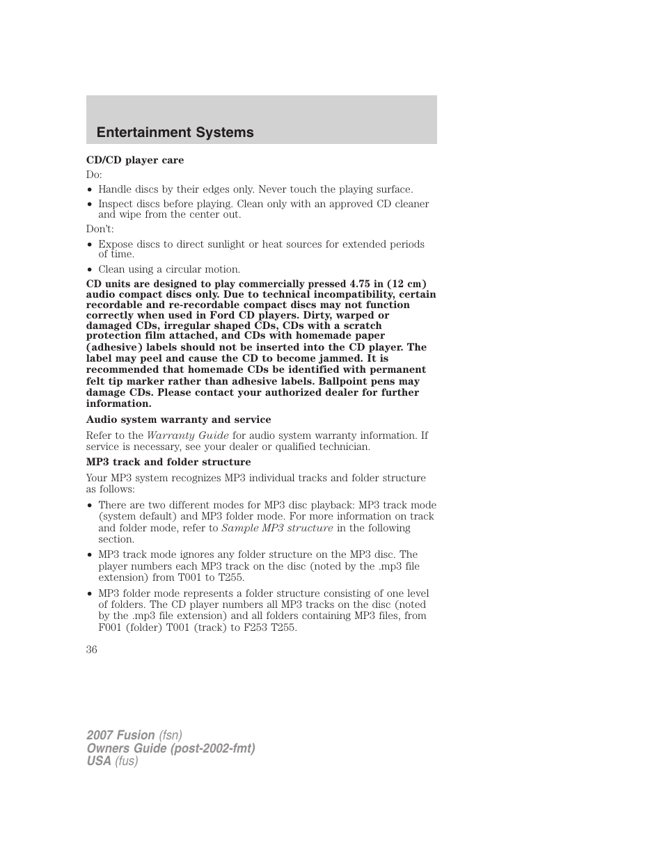 Entertainment systems | FORD 2007 Fusion v.1 User Manual | Page 36 / 280