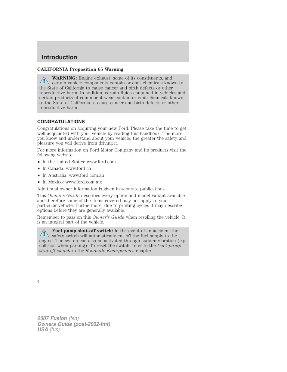 Introduction, Congratulations | FORD 2007 Fusion v.1 User Manual | Page 4 / 280