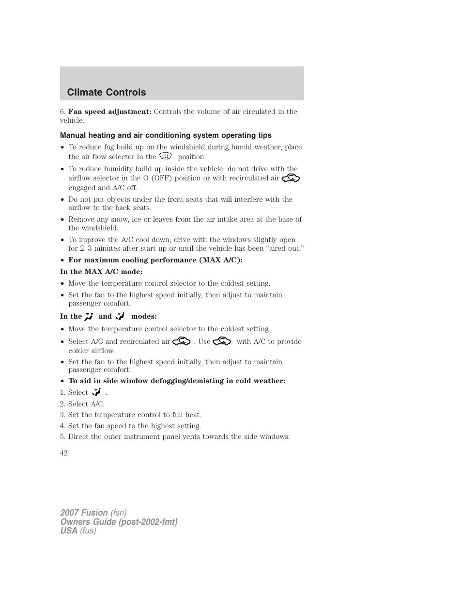 Climate controls | FORD 2007 Fusion v.1 User Manual | Page 42 / 280