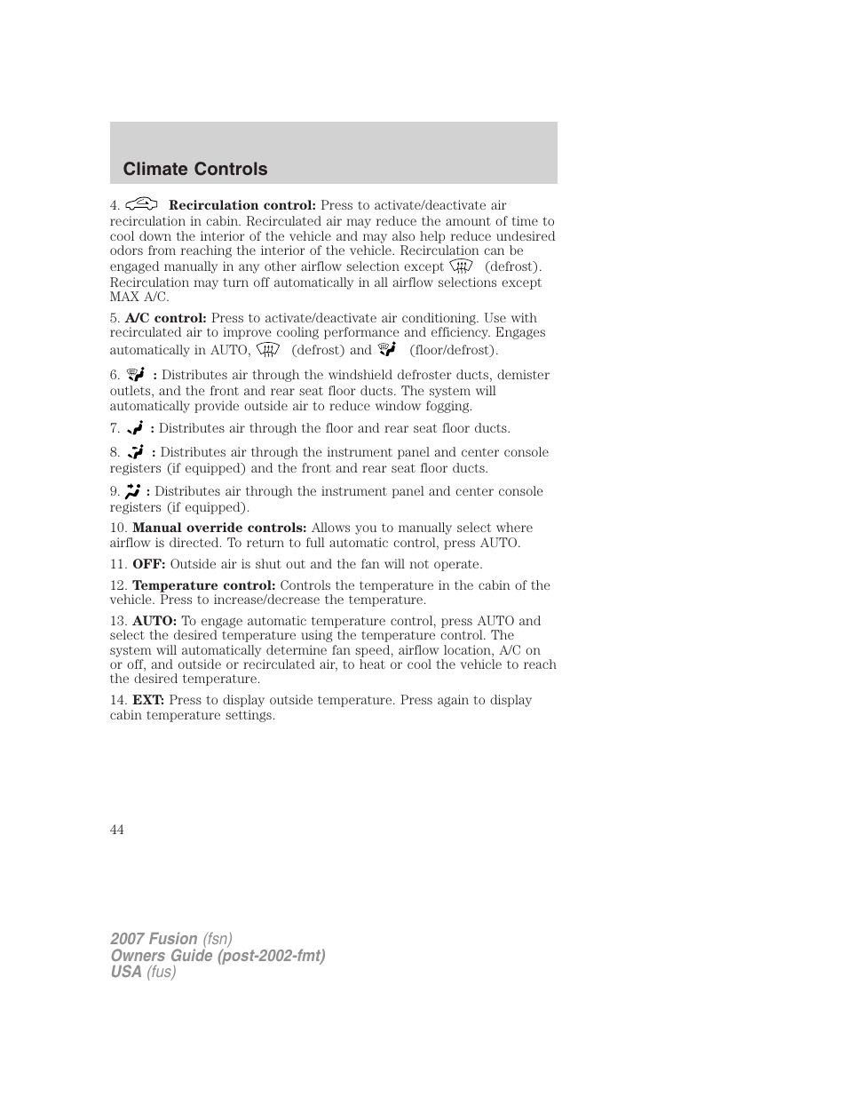 Climate controls | FORD 2007 Fusion v.1 User Manual | Page 44 / 280